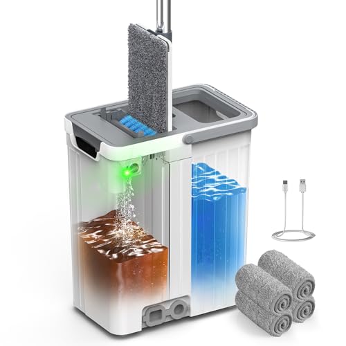 Mop and Bucket Set with AUTO Pump, 3-Zone Separate Dirty and Clean Water, Flat Mop and Bucket System with Wringer and Wheels, 3 Reusable Microfiber Pads, One-Touch Water Filling for Home Cleaning