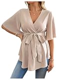 MakeMeChic Women's Maternity Nursing Blouse V Neck Wrap Ruffle Short Sleeve Belted Pregnancy Shirt Business Work Tops Apricot Medium