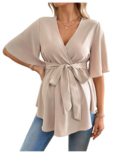 MakeMeChic Women's Maternity Nursing Blouse V Neck Wrap Ruffle Short Sleeve Belted Pregnancy Shirt Business Work Tops Apricot Small