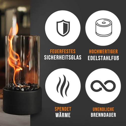 Edelfeld - Wärmender Tischkamin für Garten Terrasse Balkon Tisch Deko - Bioethanol Tischfeuer für Indoor & Outdoor - Verstellbare Flamme - Bio Ethanol Kamin inkl. Flammenringe und Schwarze Dekosteine