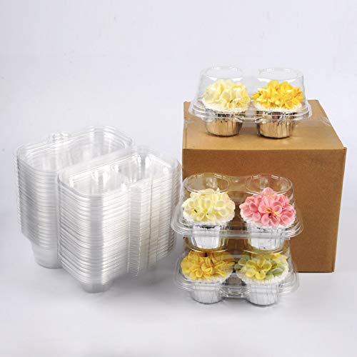 Sharlity Plastic Cupcake Containers 2 Compartment Disposable Cupcake Holders Plastic Cupcake Carrier with Deep Dome(50 Pack)