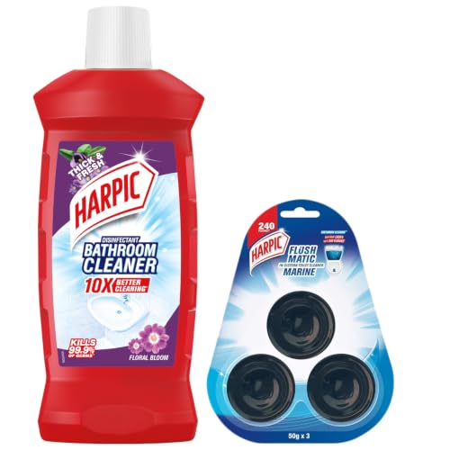 Image of Harpic Flushmatic In-Cistern Toilet Cleaner Blocks, Marine - 150 g | Lasts Upto 240 Flushes & Disinfectant Bathroom Cleaner Liquid, Floral - 1 L | India's # 1 Bathroom Cleaner