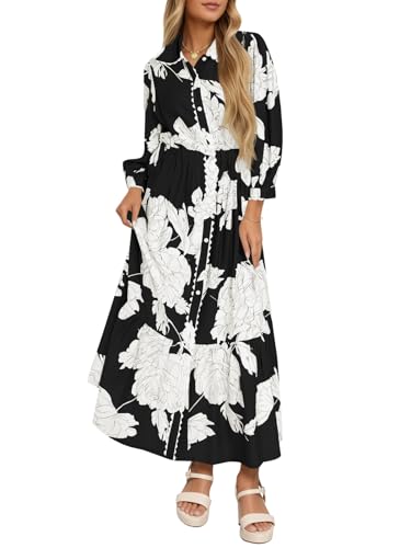 Wenrine Womens Maxi Shirt Dress Casual Floral Collared 3/4 Long Sleeve Drawstring Waist Fall Button Down Dresses