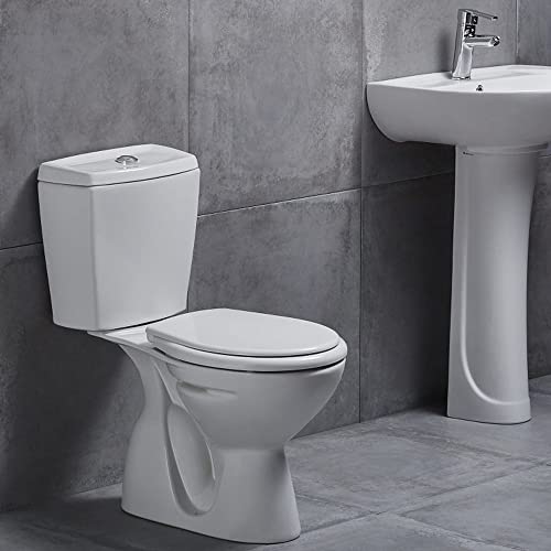 Belvit Stand-WC mit Bodenabgang senkrecht, Keramik-Aufsatzspülkasten, Softclose WC-Sitz, Zwei-Mengen-Spülung, Maße 67x39x38 cm, Weiß, bodenstehend, inklusive Spülventil, Komplettset – Bild 3