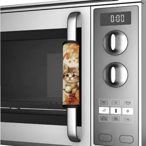 Image of 6 PCS Refrigerator Door Handle Covers Washable Keep Kitchen Appliances Clean from Stain, Fingertips Fridge Oven for Autumn Home Indoor Decorations, Cute Cat Fall Leaf
