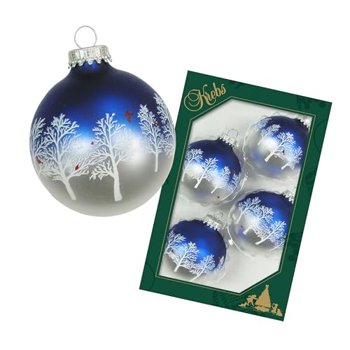 Krebs Glas Lauscha Decoración navideña de cristal, bolas de Navidad, diseño: bosque de invierno azul/plateado, 4 unidades, tamaño: 7 cm aprox