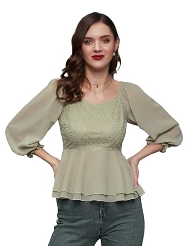 Image of Miss Chase Women's Round Neck Half Sleeves Cotton Lace and Pearl Detailing