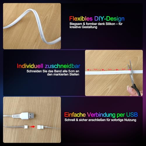 Neon LED Strip 3 m – RGB Neon LED Streifen mit App-Steuerung, Musik-Sync & DIY-Lichteffekten, Flexibles Lichtband für Wohnzimmer, Schlafzimmer, Wand- & Gaming-Deko, Gaming Zubehör
