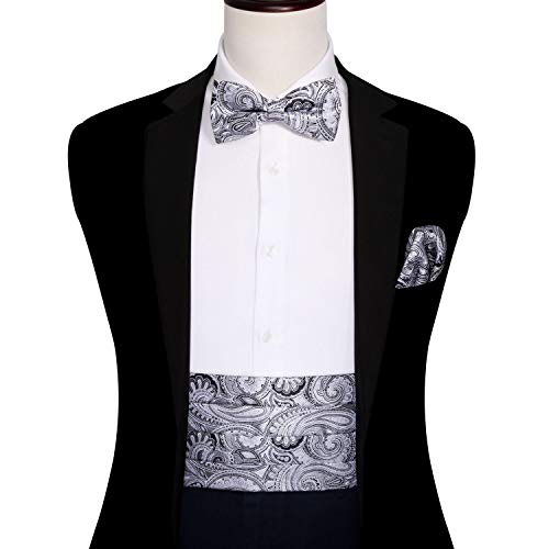 Image of YOHOWA Men Cummerbund Bow Tie Set Silk Paisley Formal Pre-Tied Bowtie Pocket Square Cufflinks Wedding Party Prom