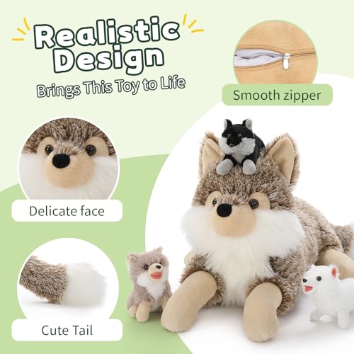 MorisMos liegend Wolf Kuscheltier XXL, 50cm riesen groß Plüschtier Wolf mit 3 Baby, PlüschWolf Stofftier Weich Spielzeug, Geburtstag Geschenk für Kinder