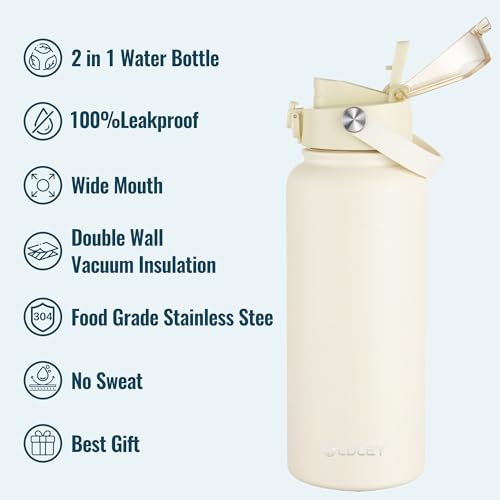 Image of OLDLEY 32oz Insulated Water Bottle with 2-in-1 Straw & Chug Lid, Leakproof Stainless Steel Bottle, Double Wall Vacuum Insulated Water Bottle for Sports, Gym, Travel,Ivory