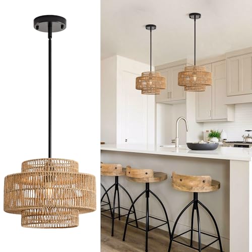 Image of 12.4 inch Boho Rattan Pendant Light Fixture for Dining Room, 1-Light Black Chandelier Farmhouse Rustic Hanging Lamp for Kitchen Island, Bedroom, Living Room, Entryway, Foyer, Hallway