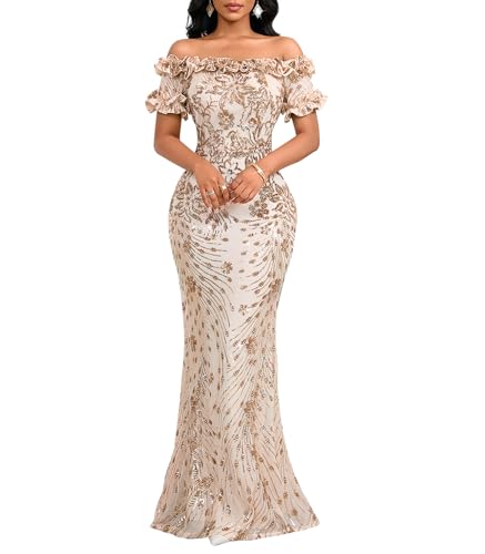 Image of dasmzper Women Sexy Sequin Off Shoulder Ruffle Short Sleeve Bodycon Mermaid Party Formal Evening Maxi Dress