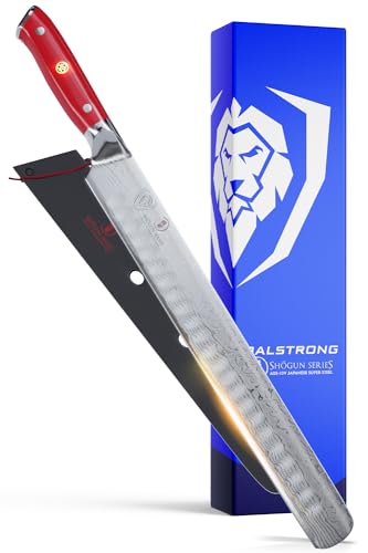 DALSTRONG Slicing Carving Knife - 12" Granton Edge - Shogun Series - Japanese AUS-10V Super Steel - Damascus - Vacuum Treated - Crimson Red ABS Handle - Sheath