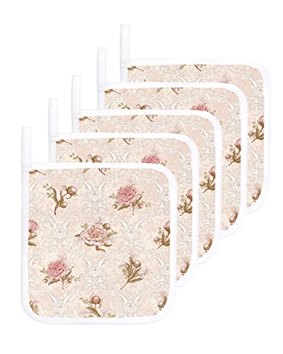 Pot Holders Set Of 5 Spring Ornate Flower Vintage Blossoms Flower Heat Insulation Potholders Oven Hot Pad Green Boho Leaf Washable Non-Slip Pot Holder Pads For Kitchen Table Protect #TOP12