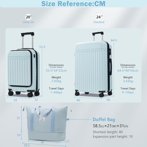 Expandable 3 Piece Hardside Luggage Set Front Opening Carry on Suitcase with USB Port Spinner Wheels TSA Lock (Light Blue + ABS)2