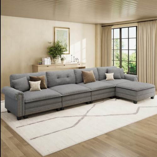 Image of HERA'S HOUSE 150 inch Oversized L Shaped Modular Sectional Couch Living Room | Mid-Century Modern 5-Seater Cloud Sofa, Dark Gray, Rolled Arms & Nailhead Trim, Wider & Deeper Seats, Ottoman, Linen