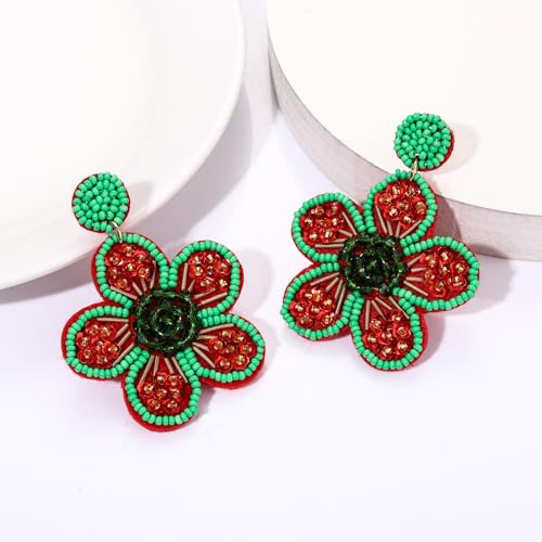Beaded Drop Earrings Statement Colorful Beaded Flower Earrings Handmade Bohemia Tropical Beadwork Dangle Earrings For Woman