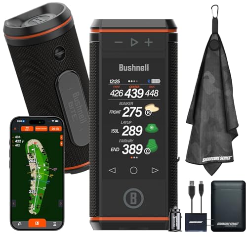 Bushnell Golf Wingman HD GPS Speaker with Color Touchscreen Audible and Visual Front/Center/Back with Powerful 360 Degree Audio Hazard Distances. Full Hole View and Signature Series Power Bundle