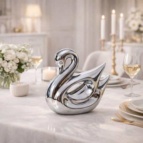 Image of Xtore Metallic Silver Swan Ceramic Figurine for Home Decor, Elegant Tabletop Accent for Living Room & Bedroom