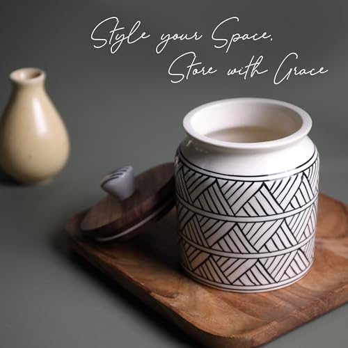Image of Ceramic Jar & Container for Kitchen Storage Set | Multi Utility Air Tight Kitchen Organizer Items | Tea Coffee Sugar Container with Wooden Lid (Hand-Painted, 460 ML, Pack of 1)