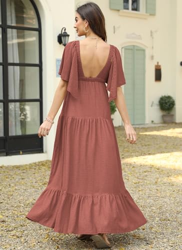 Image of Kikibell Women Summer Dresses Sexy V-Neck Maxi Dress Tiered Silhouette with Flutter Sleeve Backless Elastic Waist Flowy Dress