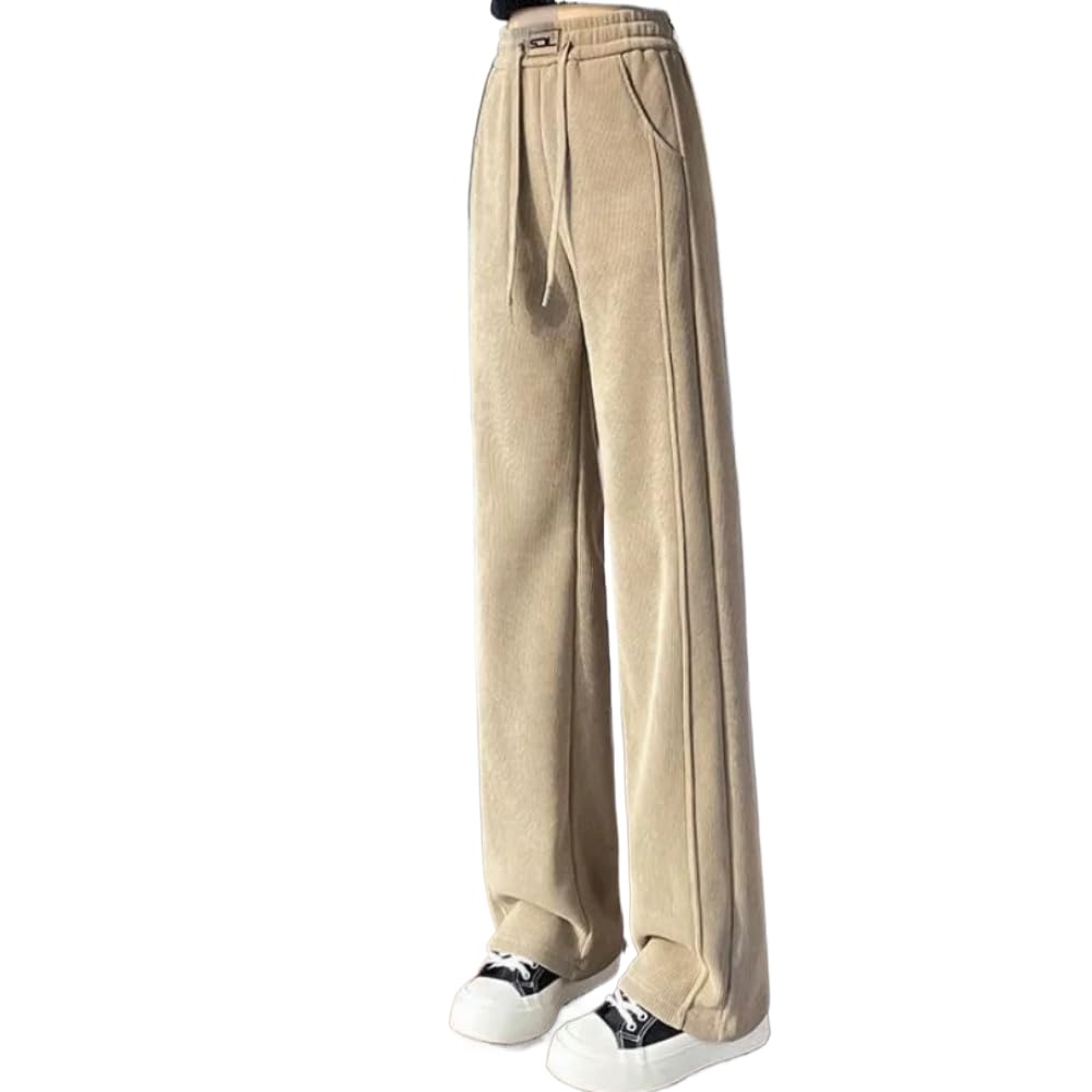 Womens Fleece Wide Leg Pants Waist Straight Leg Casual Trousers for Autumn Winter Velvet Thickening Oatmeal XXL