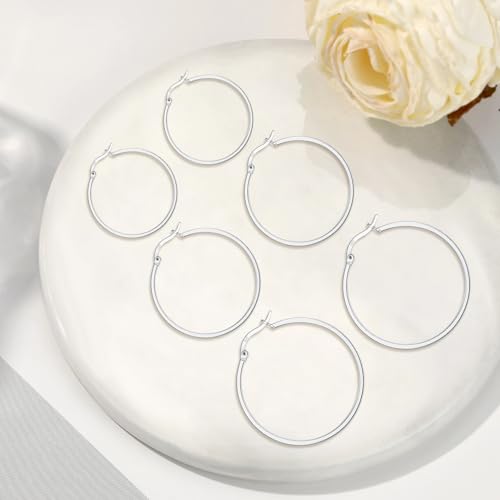 3 Pairs 925 Sterling Silver Big Hoop Earrings Set for Women Hypoallergenic Large Hoops Silver Cubic Zirconia Earrings Set for Women 20mm 30mm 40mm 50mm4