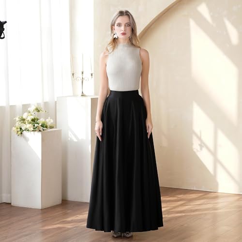 A-Line Satin Front Flated Back Elastic Formal Prom Party Maxi Skirt for Women with Pockets2