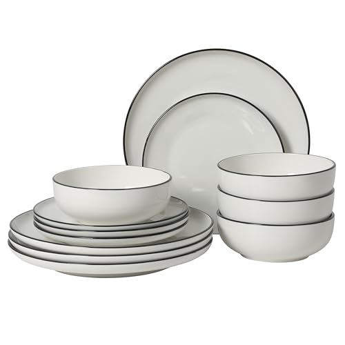 Image of Gibson Home Havenstone 12-Piece Porcelain Dinnerware Set - Dinner Plates, Salad Plates & Bowls, Classic White With Black Rim Everyday Dish Set for Home, Kitchen, Microwave & Dishwasher Safe