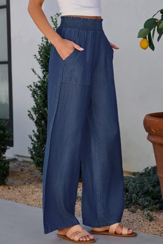Women's Sail Blue Smocked High Waist Wide Leg Jeans with Side Pockets3