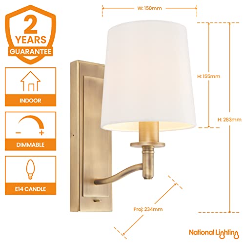 Rowan Decorative Matt Antique Brass E14 LED Compatible Wall Light with a White Fabric Shade - Image 3