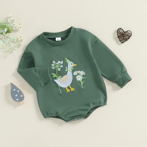 Newborn Baby Girl Fall Clothes Silly Goose Floral Embroidery Long Sleeve Sweatshirt Bubble Romper Animal Farm Outfit2