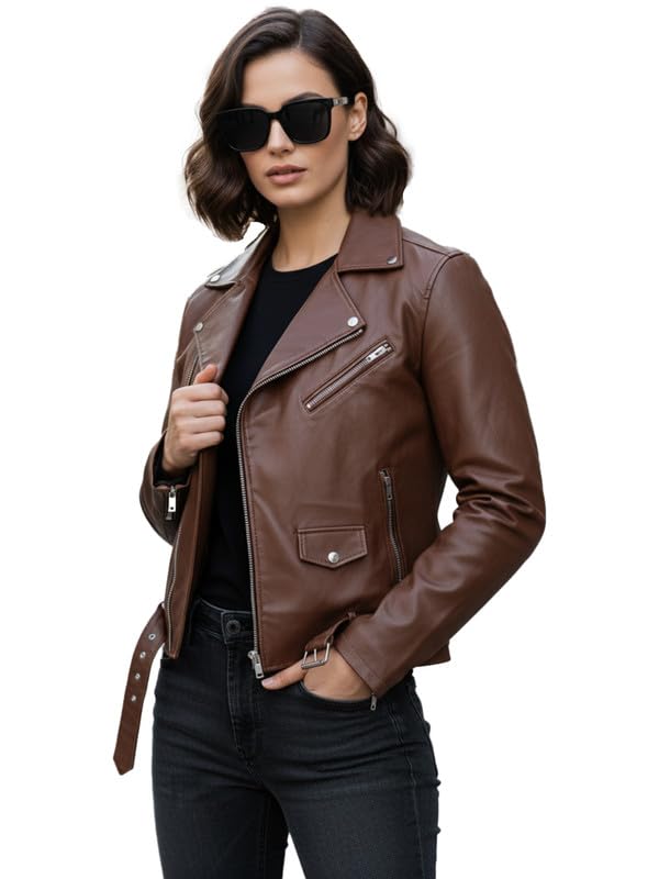 Image of Leather Retail Stylish Brown Jacket For Women's