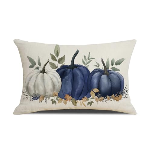 MAZSHTTD Federa per cuscino lombare autunnale, 30,5 x 50,8 cm, con zucca blu e bianca, decorativa per esterni, decorazione per autunno e autunno, decorazione per stanza, divano, portico, patio