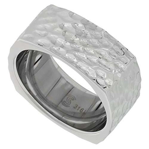 Surgical Stainless Steel 9 mm Hammered Square Wedding Band Ring, Size 11.5