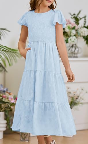 YOVION Flower Girls Dress Elegant Ruffle Sleeve Smocked A Line Tiered Flowy Wedding Guest Maxi Dresses for 6-12 Years3