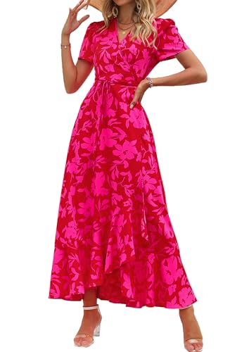 PRETTYGARDEN Women's Summer Wrap Maxi Dress Casual Boho Floral V Neck Short Sleeve Ruffle Hem Split Beach Long Dresses (Red Floral,X-Large)