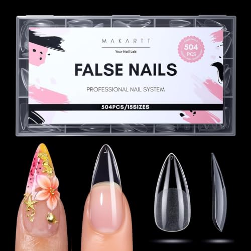Makartt Medium Sharp Almond Nail Tips: Hybrid Almondetto Shape 15 Sizes Clear Full Cover Fake Nails Extension 504PCS Half Matte Soft Gel Tips for DIY Nail Lovers Press-on Creators Salon Supplies