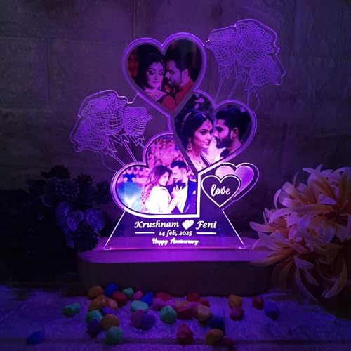 Image of Personalized LED Photo Frame Lamp - Custom Couple Collage Acrylic Night Light with Wooden Base, Romantic Anniversary & Valentine Gift