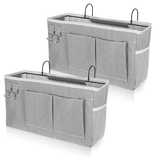 2 Pcs Bedside Caddy Storage Organizer/Bedside Storage Bag - Hanging Bag Holder with Pockets for Bunk and Hospital Beds, Dorm Rooms Bed Rails, Can be Placed Glasses, Books, Mobile Phones, Keys (Gray)