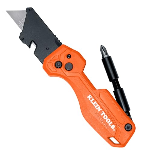 Klein Tools 44304 Folding FLICKBLADE Utility Knife Compact Removable Impact Driver 1/4-Inch Nut Driver and #2 Phillips Bit
