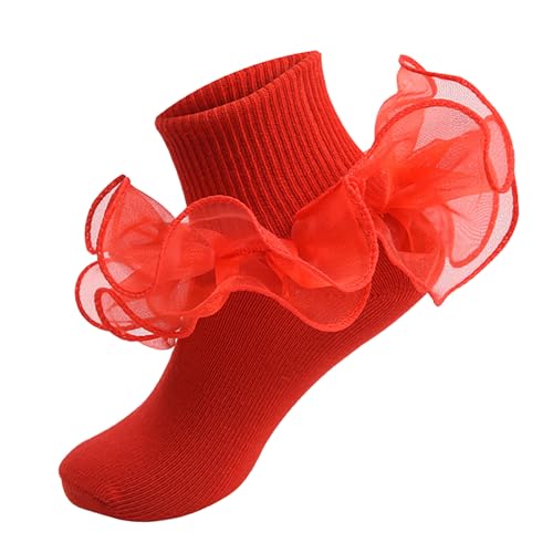 MKYSZLT Girls Ruffle Socks Toddler Girl Frilly Dress Socks Double Lace Big Ruffles Fold Over Church Fancy Sock for Baby Kids (US Age 4 Years 6 Years red - 1 pair)