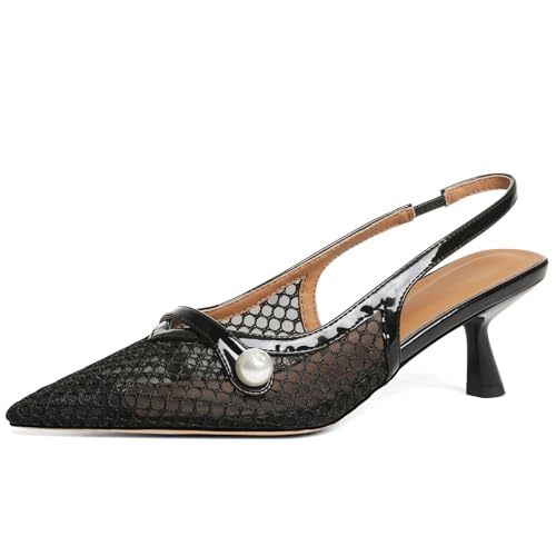 Kalstage Women’s Mesh Slingback Kitten Heels Pointed Toe Pumps Low Heel Black Lace Pearl Shoes Ankle Elastic Band Stilettos for Wedding Office Party2