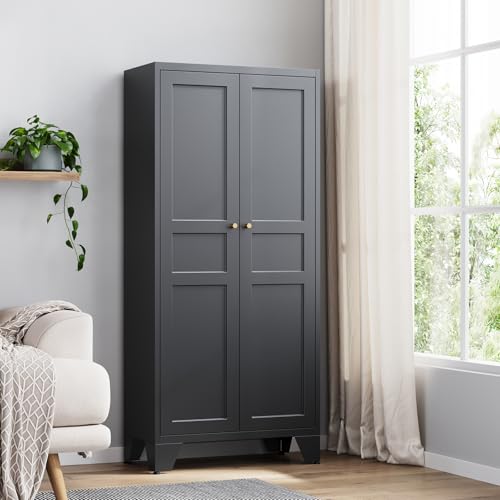 Yizosh Metal Pantry Cabinet,Tall Kitchen Pantry Storage Cabinet with Doors and Adjustable Shelves - 61' Black Cupboard Cabinet for Kitchen, Living Room,Dining Room,Home