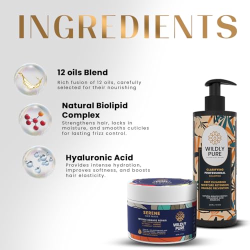 Image of Wildly Pure Clarifying Shampoo & Hair Mask Combo for Hard Water, Metal Damage & Deep Conditioning | With Phospholipids, 12 Oils & Hyaluronic Acid | For Dry, Frizzy, Oily Scalp & Low Porosity Hair | Sulphate & Paraben Free | Men & Women (Pack of 2)