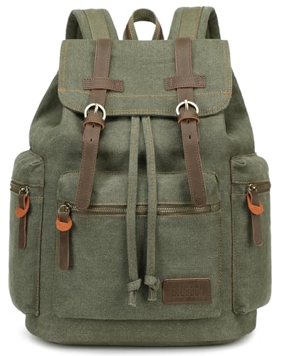 Bluboon Canvas Vintage Backpack Leather Casual Bookbag Men Rucksack (Green)