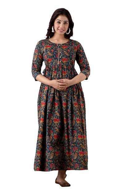Women's Printed Cotton Maternity Designer Kurti Gown (Blue chiel New)-image-44