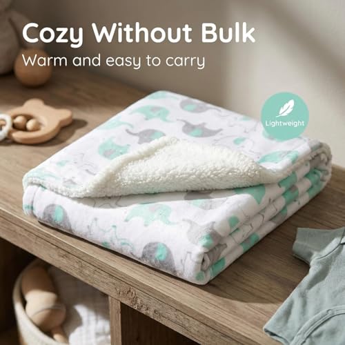 Image of EVERYDAY KIDS Large Ultra Soft Gray and Green Elephant Minky Baby Blanket for Boys and Girls Mink and Sherpa Toddler and Baby Blanket Measures 30 x 40 inch; Trendy Animal Elephant Baby Nursery Decor