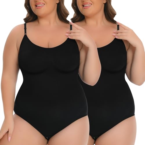 Lot de 2 Body Sculptant Femme, Body Shaper Gainant Ventre Plat Invisible Shapewear Bodysuit sans Couture Réglable (Noir Noir, XXL)